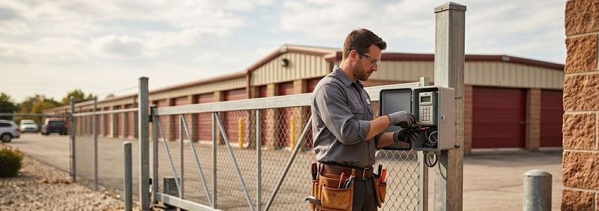 Technician installing an automatic security gate system at a self storage facility entrance