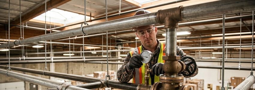 Fire protection technician inspecting a commercial sprinkler system pipe network in a warehouse ceiling