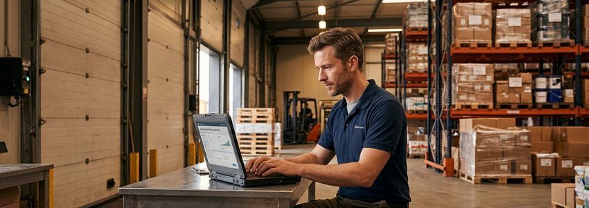 Warehouse manager reviewing a business financing application on a laptop near stocked inventory shelves