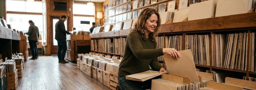 Record store owner reviewing vinyl records on a cleaning machine in a well-lit retail shop