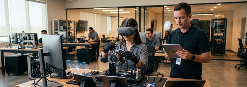 Training professional wearing a VR headset while operating simulator equipment in a modern corporate training facility