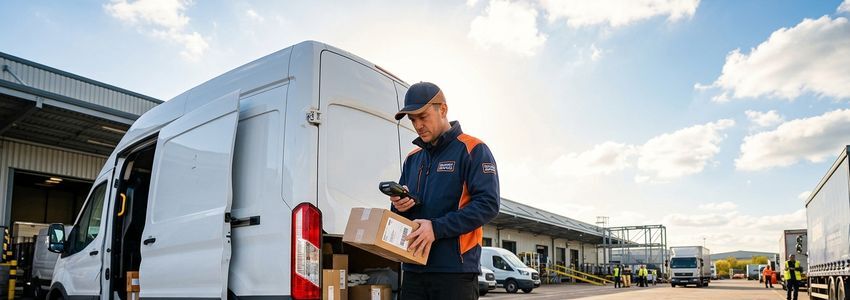 A courier business owner loading packages into a cargo van outside a delivery warehouse