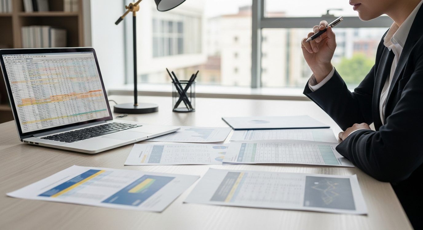 Business professional reviewing financial documents and bank statements to prepare a business loan application