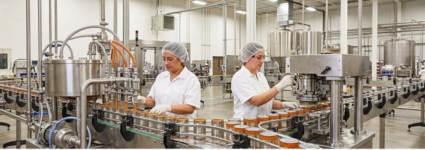 Food production workers operating a commercial canning line filling and sealing cans in a modern facility