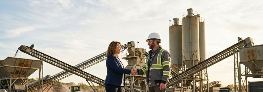 Concrete batching plant equipment at a ready-mix production yard with cement silos and mixing equipment