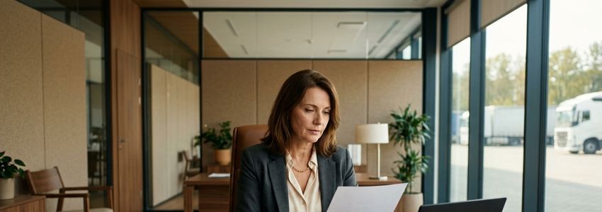 Logistics manager reviewing a cargo insurance claim and freight paperwork in a trucking company office