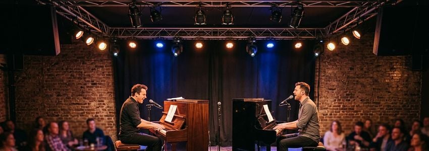 Dueling piano bar stage with two pianos and professional sound and lighting equipment set up for a live show