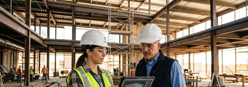 A structural engineer and business owner in hard hats reviewing a building assessment on a tablet inside a commercial building under inspection