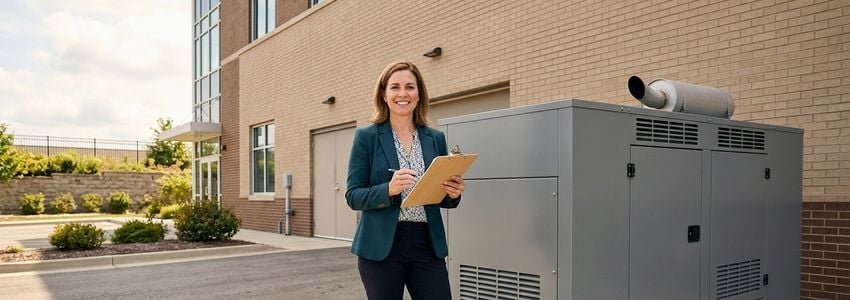 Small business owner reviewing financing paperwork next to a commercial standby generator unit