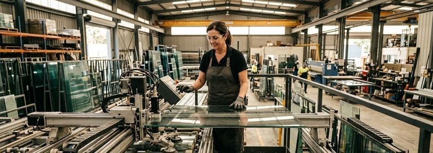 Glass fabrication technician operating a CNC glass cutting table in a commercial glass shop