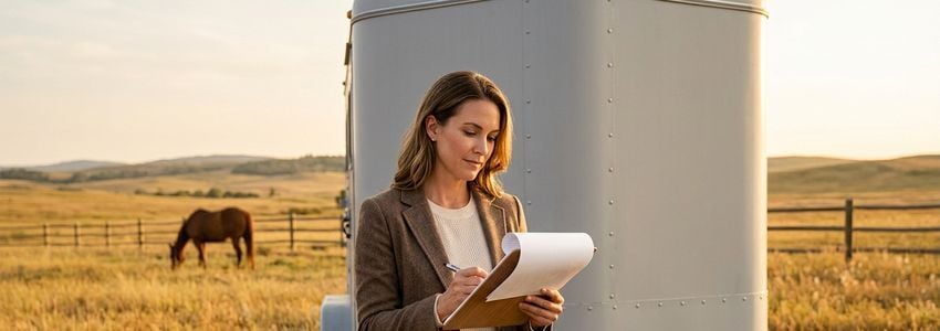 Business owner reviewing gooseneck trailer financing paperwork near a livestock trailer at a ranch