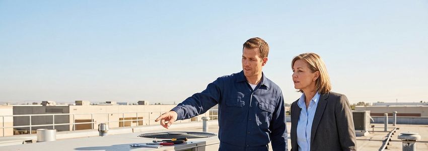 HVAC technician and business owner reviewing a commercial rooftop HVAC unit repair estimate on a tablet