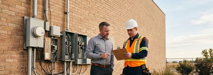 Business owner reviewing a new facility utility setup checklist with a contractor at a commercial location