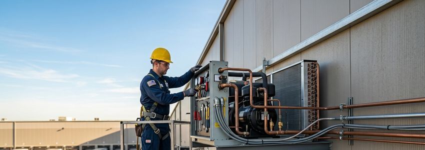 Technician installing industrial refrigeration compressor unit on cold storage warehouse exterior