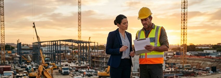 Small business contractor reviewing a government invoice and financing paperwork in an office
