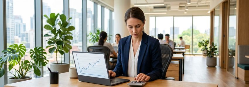Business owner using a calculator and laptop to review payroll tax deposit financing options in a modern office