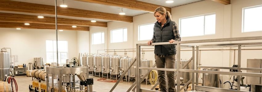 Meadery worker monitoring stainless steel fermentation tanks in a commercial mead production facility