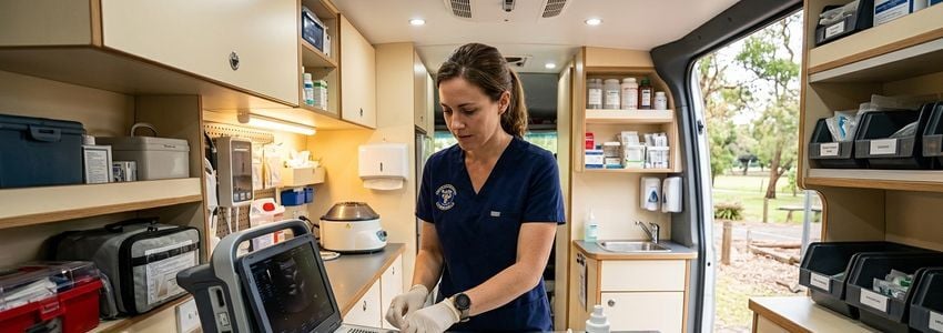 Veterinarian preparing mobile veterinary clinic van with medical equipment for a house call
