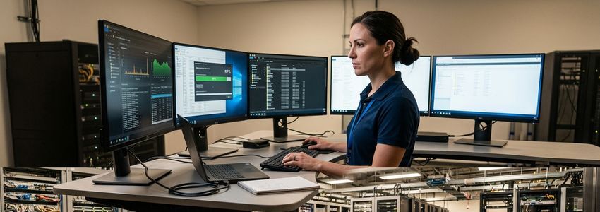 IT professional assessing a business ransomware incident on multiple monitors in a modern office