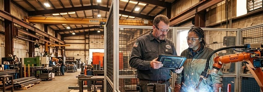 Fabrication shop supervisor and welding technician reviewing a robotic welding cell on the shop floor