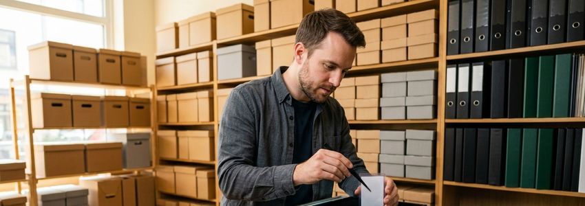 Trading card shop owner placing a graded card into a locking display case