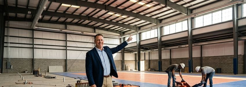 Wide shot of a modern indoor volleyball court facility with hardwood flooring, net systems, and overhead lighting, subjects in upper half of frame