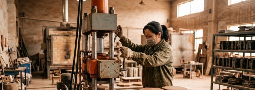 Tile manufacturing worker operating an industrial kiln and press in a production facility