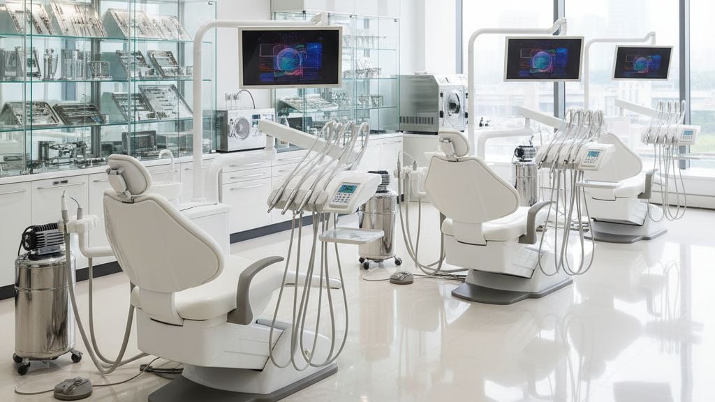 Modern dental equipment showroom with multiple dental operatory setups and professional dental chairs