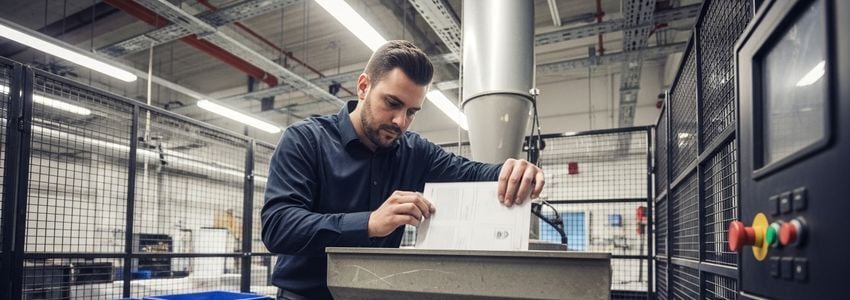 Document shredding professional operating industrial paper shredding equipment in a secure commercial facility