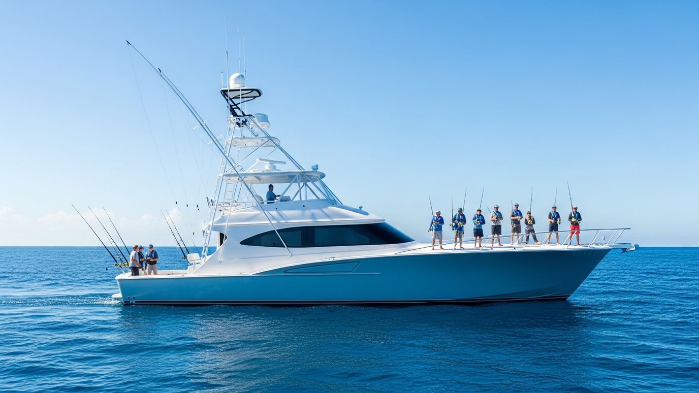 Sport fishing charter boat heading offshore with passengers fishing and outriggers extended
