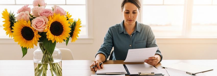 Flower farm business owner reviewing financing documents at a farm office