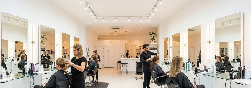 Modern upscale beauty salon interior with styling chairs and professional lighting