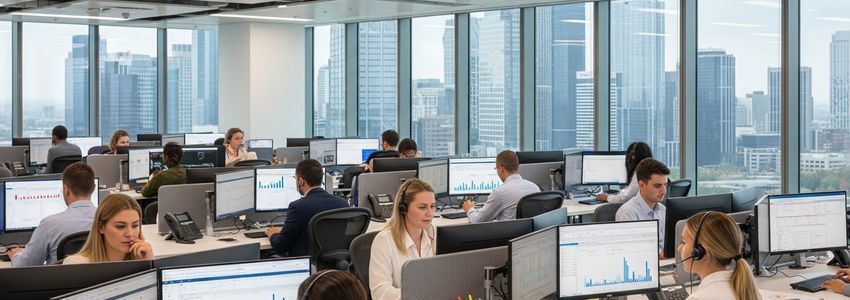 Professional call center with agents wearing headsets at modern workstations