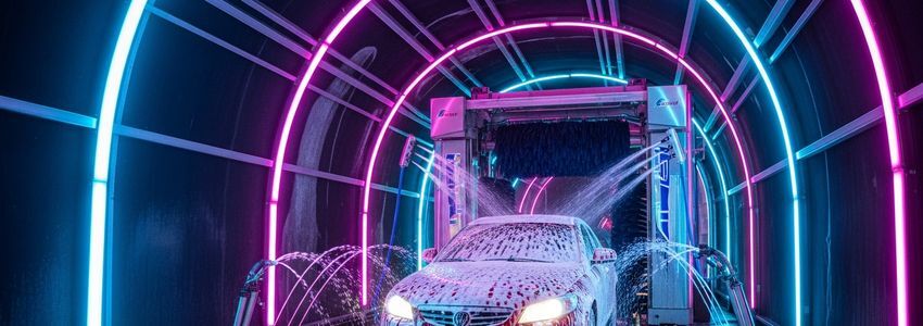 Modern automated car wash tunnel with colorful lights and foam spray