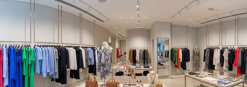 Modern clothing store interior with organized merchandise displays