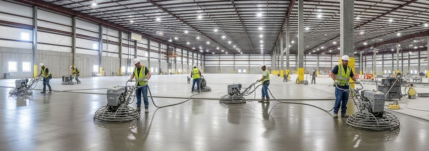 Concrete contractor crew finishing a commercial floor with power trowels