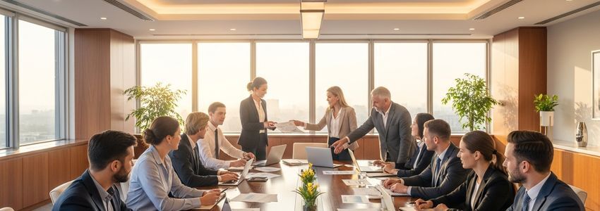 Professional business consulting firm meeting with consultants and clients at conference table