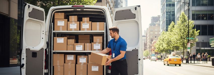 Courier delivery driver loading packages into a delivery van
