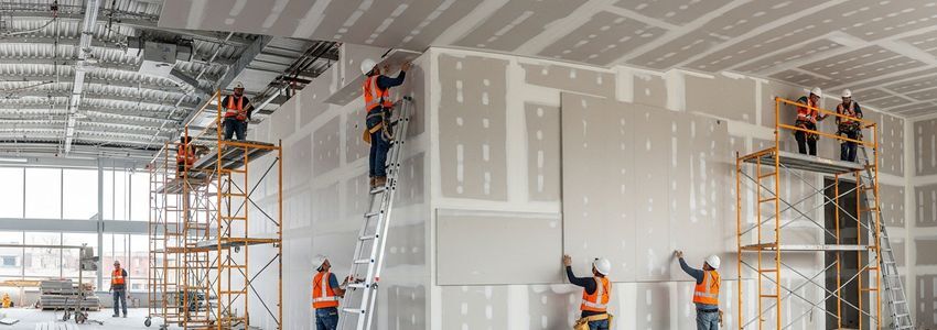 Professional drywall contractors installing drywall panels on a commercial building interior