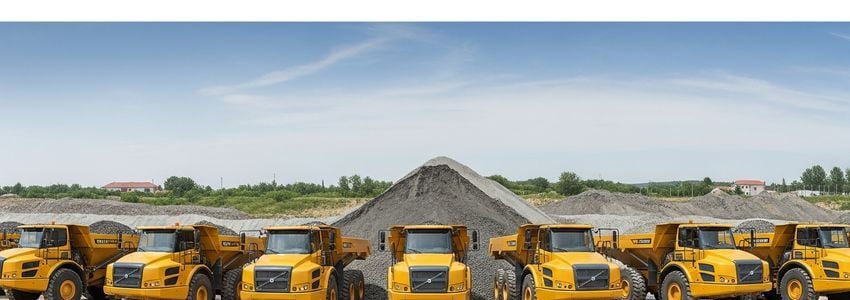 Row of heavy duty dump trucks at a construction site ready for hauling
