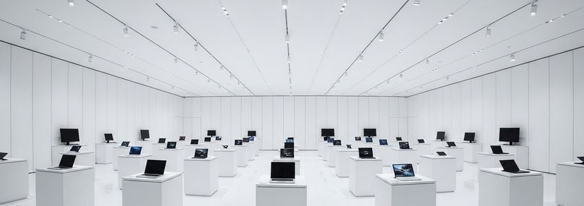 Modern electronics store showroom with laptops and display devices on minimalist white pedestals