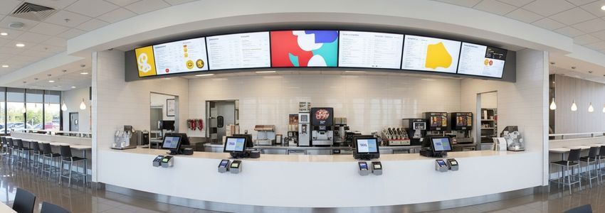 Modern fast food restaurant interior with service counter and menu boards
