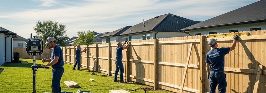 Professional fence installation crew installing a wooden privacy fence in a suburban neighborhood