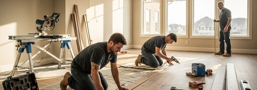 Professional flooring installers laying hardwood in a modern home interior