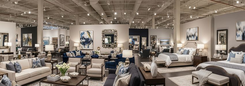 Elegant furniture store showroom with staged living room and bedroom sets under warm ambient lighting