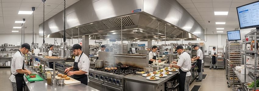 Professional ghost kitchen facility with chefs at commercial cooking stations