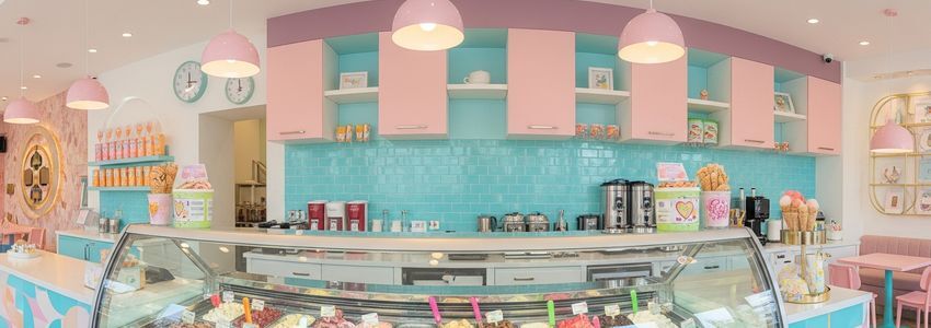 Bright ice cream shop interior with colorful gelato display case and pastel decor