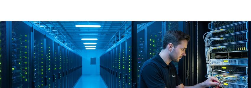 IT technician working at server rack in modern data center