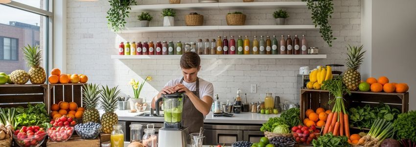 Modern juice bar interior with fresh fruits and professional barista