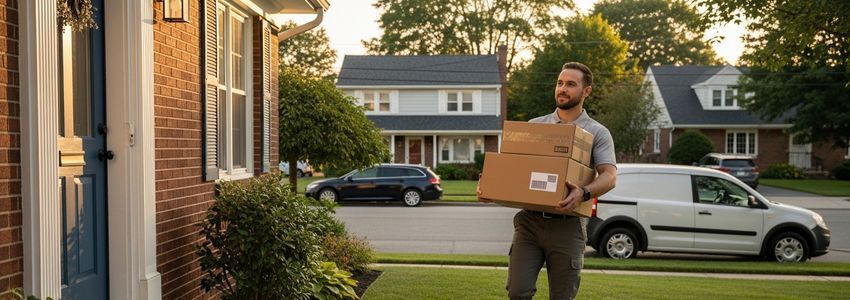Last-mile delivery driver making a residential package delivery